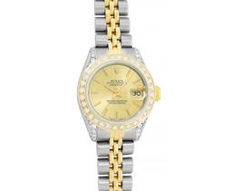 Rolex Ladies Quickset 18K Two Tone Champagne Index Yellow Gold Diamond Bezel Wri