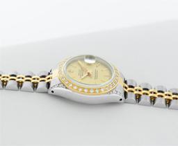 Rolex Ladies Quickset 18K Two Tone Champagne Index Yellow Gold Diamond Bezel Wri