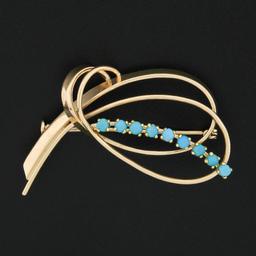 Vintage 14k Rose Gold Natural Blue Turquoise Double Ribbon Swirl Brooch Pin