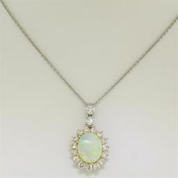 Solid Platinum 18K Yellow Gold 3.69 ctw Oval Opal & Diamond Halo Pendant Necklac