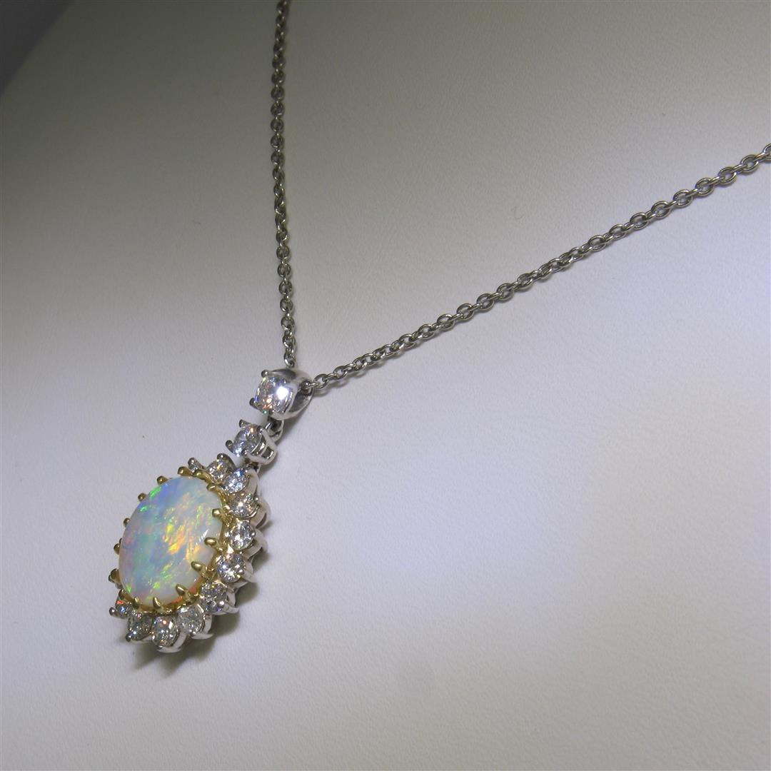 Solid Platinum 18K Yellow Gold 3.69 ctw Oval Opal & Diamond Halo Pendant Necklac