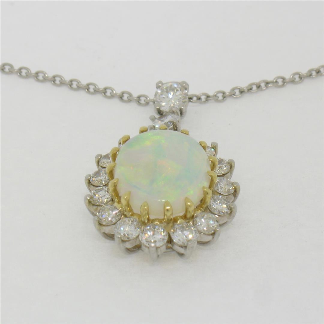 Solid Platinum 18K Yellow Gold 3.69 ctw Oval Opal & Diamond Halo Pendant Necklac