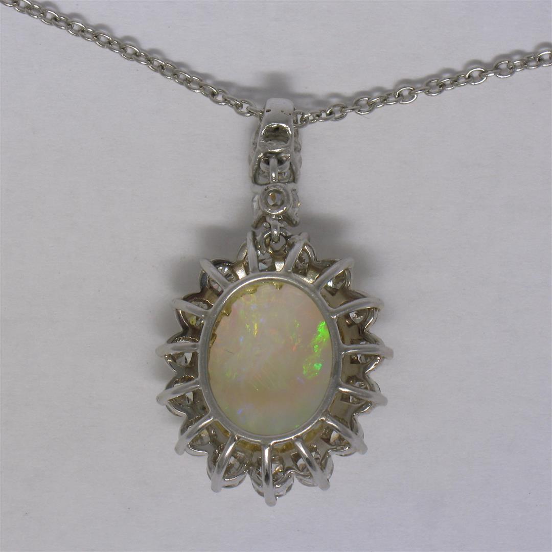 Solid Platinum 18K Yellow Gold 3.69 ctw Oval Opal & Diamond Halo Pendant Necklac