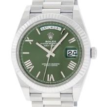 Rolex Mens 18K White Gold Olive Green Roman Dial Day Date President 40MM With Bo