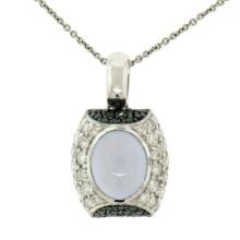 14K White Gold 4.31 ctw Oval Chalcedony White & Black Diamond 16" Pendant Neckla