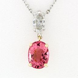 14k TT Gold 1.53 ctw Oval Pink Tourmaline Marquise Diamond Dangle Pendant Neckla