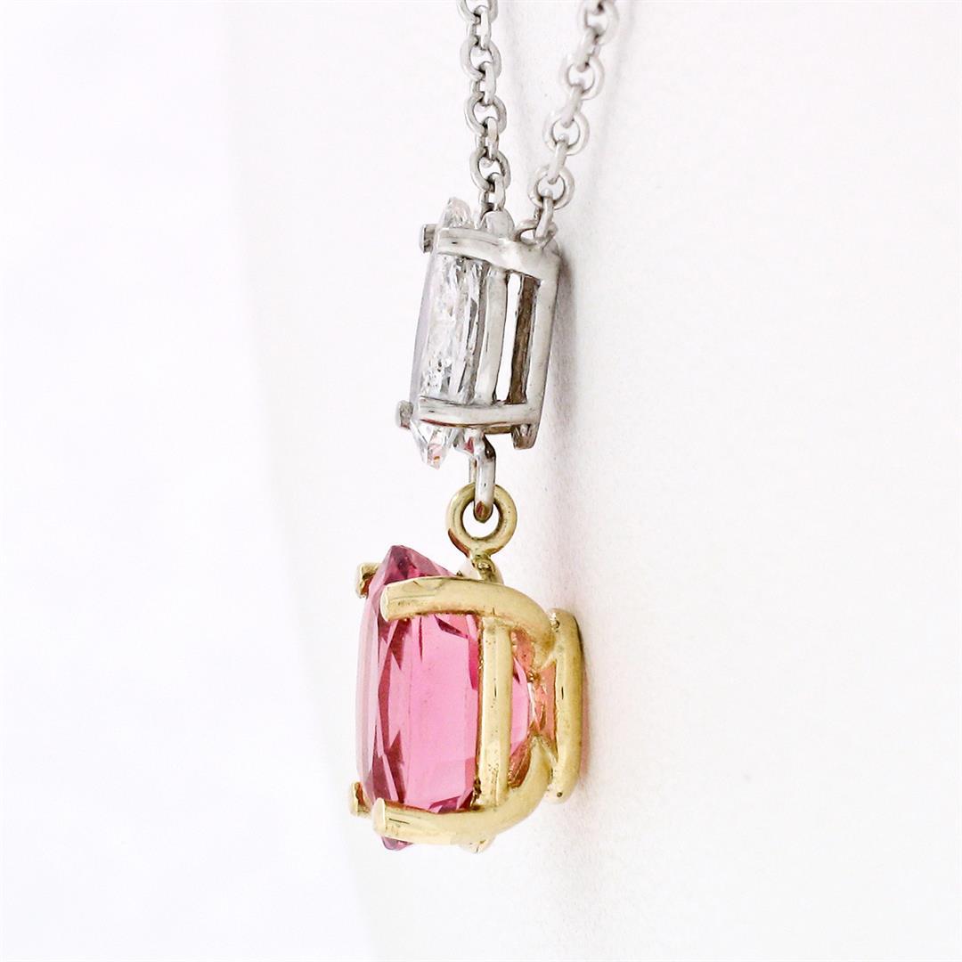 14k TT Gold 1.53 ctw Oval Pink Tourmaline Marquise Diamond Dangle Pendant Neckla