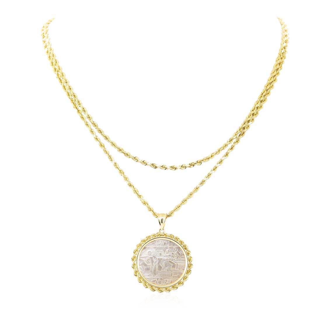 Mother of Pearl Coin Pendant & Chain - 14KT Yellow Gold