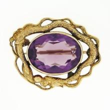 Antique Art Nouveau 14k Gold 13.13 ctw Oval Amethyst Detailed Dragon Frame Brooc