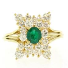 Estate 18k Yellow Gold 1.78 ctw Oval Emerald & Round Diamond Pyramid Cluster Rin