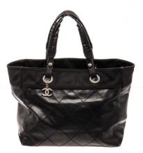 Chanel Black Quilted Coated Canvas Paris Biarritz Shoulder Bag