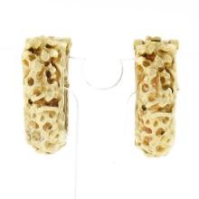 Vintage 18K Yellow Gold Nugget Textured Finish Hoop Huggie Clip On Earrings