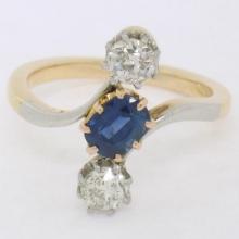 Antique Edwardian 14K Gold Platinum 1.61 ctw Mine Cut Diamond Sapphire Bypass Ri