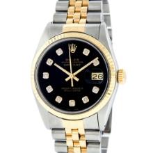 Rolex Mens Two Tone Black Diamond 36MM Datejust Wristwatch