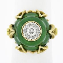 Vintage 18K Gold 0.15 ctw Diamond Cluster Green Enamel Large Prong Domed Tall Ri