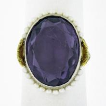 Antique 10K TT Gold Oval Bezel Purple Stone Seed Pearl Halo & Open Filigree Ring