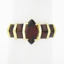 14K Yellow Gold Garnet Marquise Solitaire w/ Square Faceted Channel Band Ring