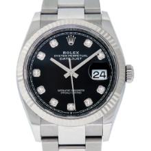 Rolex Mens Stainless Steel 36MM Black Diamond Dial Fluted Bezel Datejust Wristwa