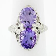 Antique Art Deco 14k White Gold Dual Purple Amethyst Etched Filigree Bypass Ring