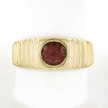 Mens 14k Gold 1.50 ctw Round Burnish Bezel Rhodolite Garnet Solitaire Grooved Ri