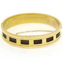 Rare Antique Victorian 14K Green & Rose Gold Mourning Hair Wide Bangle Bracelet