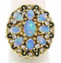 Vintage 14k Yellow Gold Oval Opal Diamond & Black Enamel Ladies Cocktail Ring