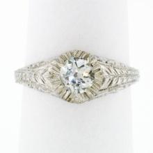 Vintage 14k White Gold 0.68 ctw Old Cut Diamond Solitaire Filigree Engagement Ri