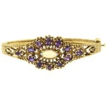 Vintage 14K Yellow Gold 3.75 ctw Amethyst & Opal Textured Open Bangle Bracelet