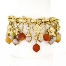 Bonato 18k Gold Diamond Flower Pearl Orange Quartz Beaded Dangle Charm Bracelet