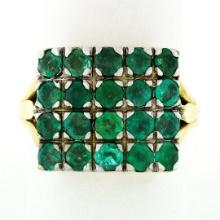 Vintage 14k Gold & Silver Top Round Green Emerald Rectangular Large Platter Ring