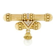 Vintage 18K Gold Diamond Matte Finish Dual Column Bar Brooch & Pearl Bead Dangle