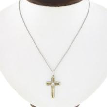 18K TT Gold 0.60 ctw Round Diamond Open Cross Pendant w/ 18.5" Wheat Link Chain