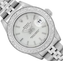 Rolex Ladies Quickset Sapphire Stainless Steel Silver Dial Diamond Bezel Date Wa