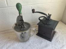 unmarked coffee grinder & glass pitcher w/kitchen mixer