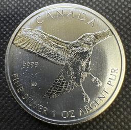 2015 Canadian Hawk 1 Troy Ounce .9999 Fine Silver $5 Round Bullion Argent PUR Coin