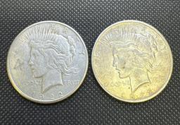 2x 1922 D/S Silver Peace Dollars 90% Silver Coins 1.88 Oz