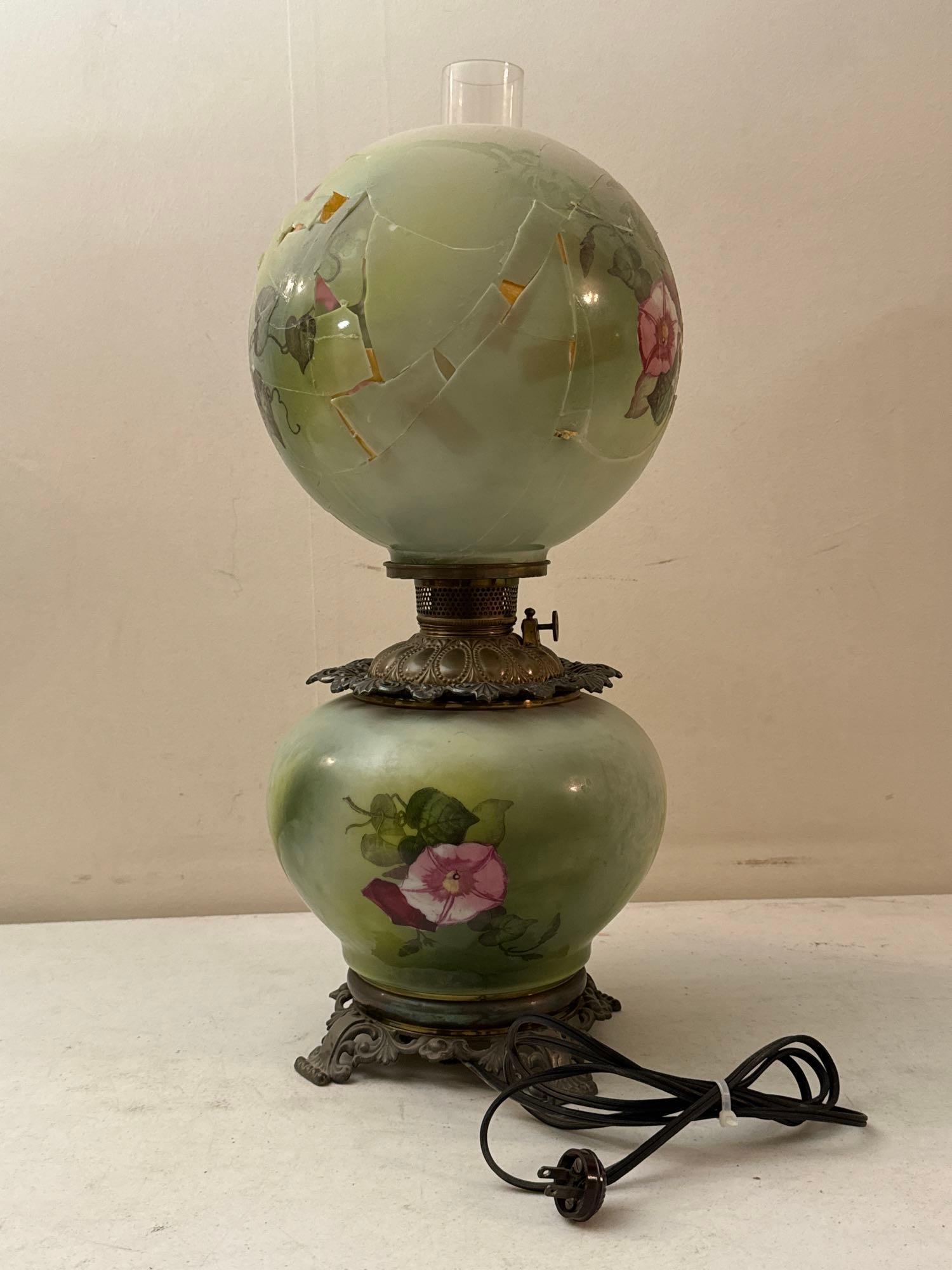 Vintage Kerosene Style Electric Lamp with Floral Globe