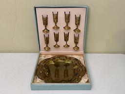 Vintage Cordial Glasses with Brass Overlay and Serving Tray