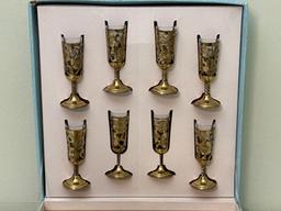 Vintage Cordial Glasses with Brass Overlay and Serving Tray