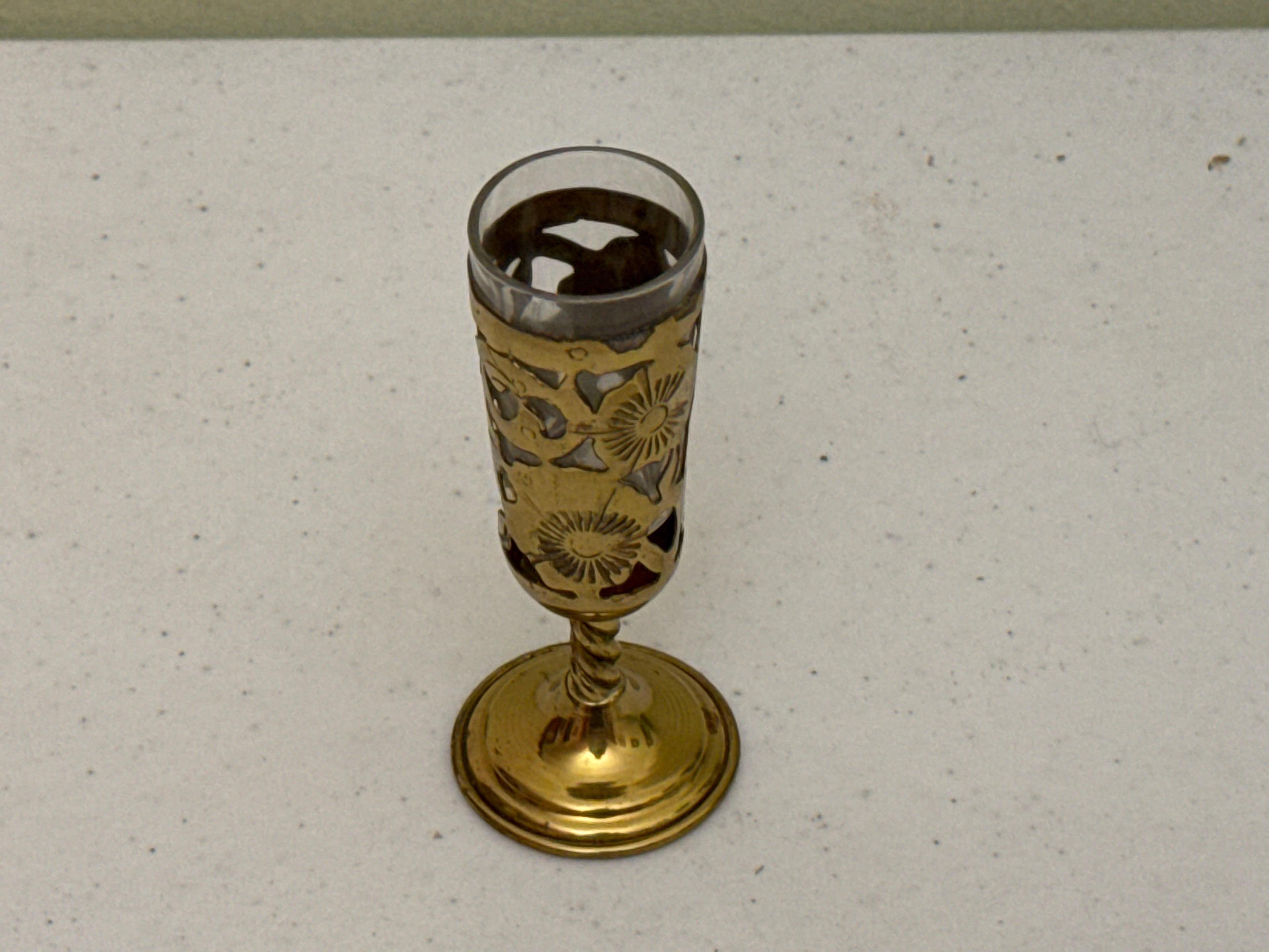 Vintage Cordial Glasses with Brass Overlay and Serving Tray