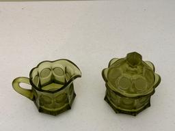 Vintage Fostoria Coin Olive Green Glass Sugar Bowl & Creamer