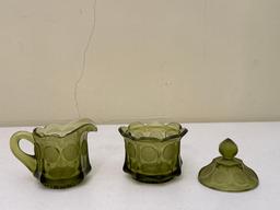 Vintage Fostoria Coin Olive Green Glass Sugar Bowl & Creamer