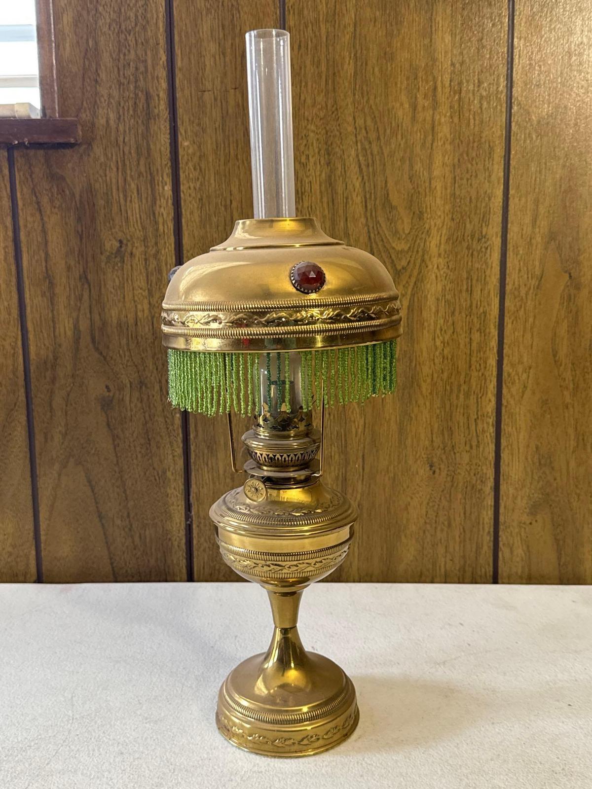 Antique Brass Oil Lamp with Beaded Fringe