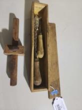 Vintage 6 inch wooden mortise gauge, and one fire heated soldering iron in wooden box. Used.