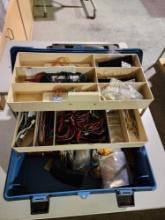 Blue plastic tool box with electronic testing equipment, tools and computer parts. some new, and