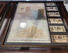 Large wall framed Texas map, and reproduction of Texas currency. Used. 39" x 39".