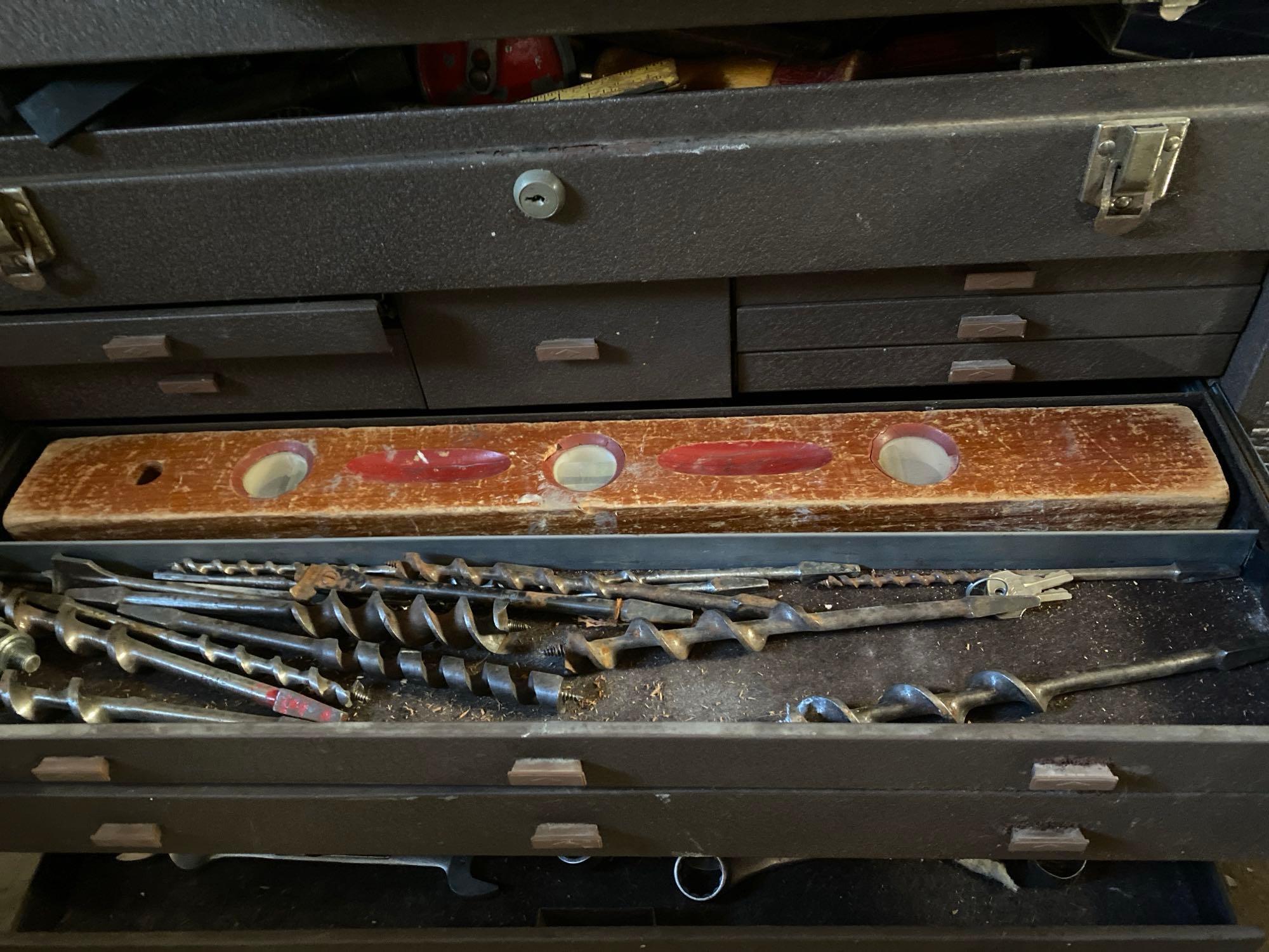 Vintage Tool Box Filled With Vintage Tools & Rolling Cart