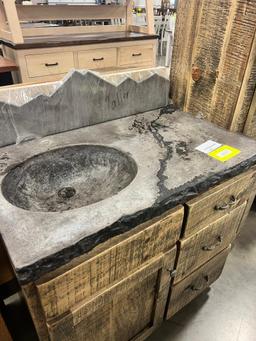 PINE AND CONCRETE TOP VANITY 36X22X34 IN