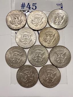 10PC SILVER 1964 KENNEDY HALF DOLLARS