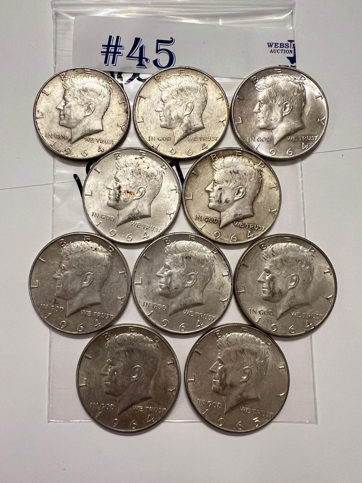 10PC SILVER 1964 KENNEDY HALF DOLLARS